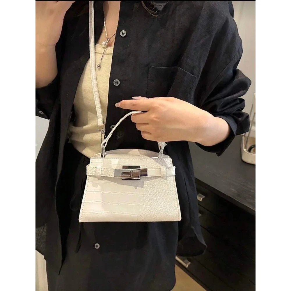 White Croc Embossed Mini Top Handle Crossbody Bag Silver Hardware Turn Lock‎